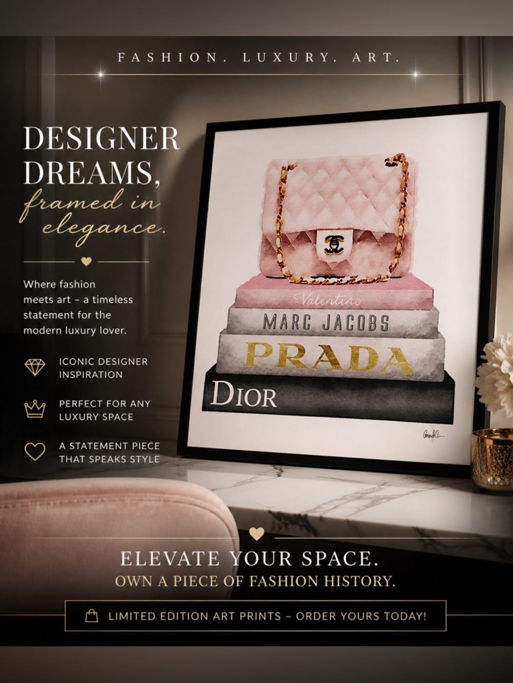 Designer Wall Art Canvas Purse and Book-stack Dior Prada, Valentino, Marc Jacob